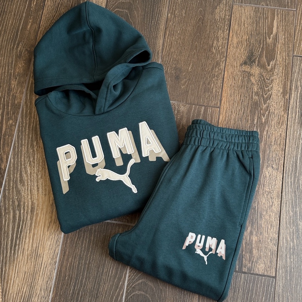 Puma Boys’ Green Athletic Fleece Pullover Hoodie and French Terry Jogger Set—M
